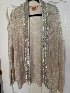 Tory Burch Size L Linen Blend Beige Striped Sequined Beaded Open Cardigan